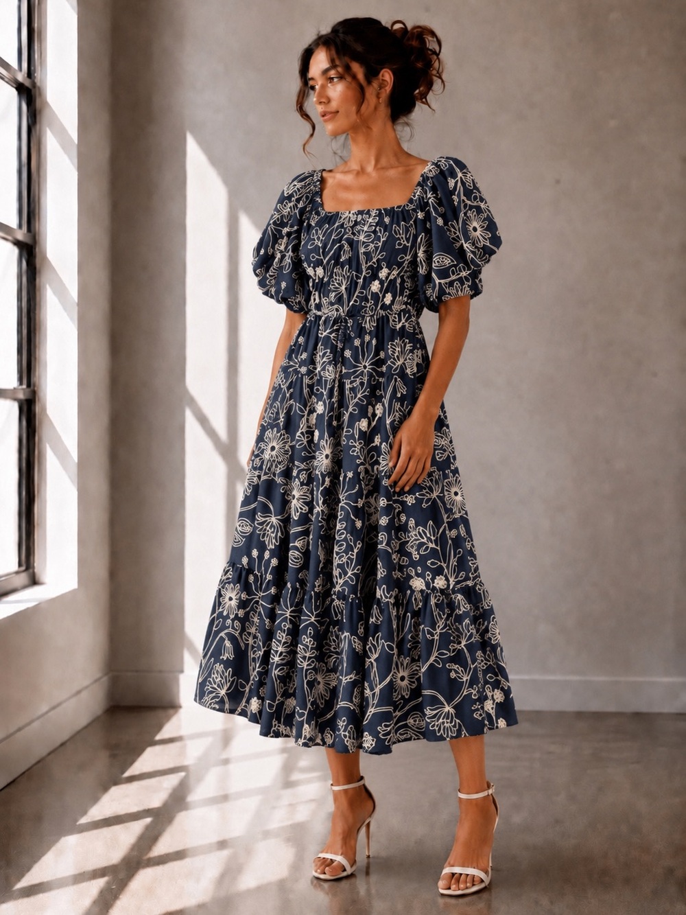 Navy Floral Puff-Sleeve Midi Dress